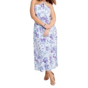 J Jason Wu Halter Maxi Dress HYDRANGEA floral print smocked stretchy vacation L